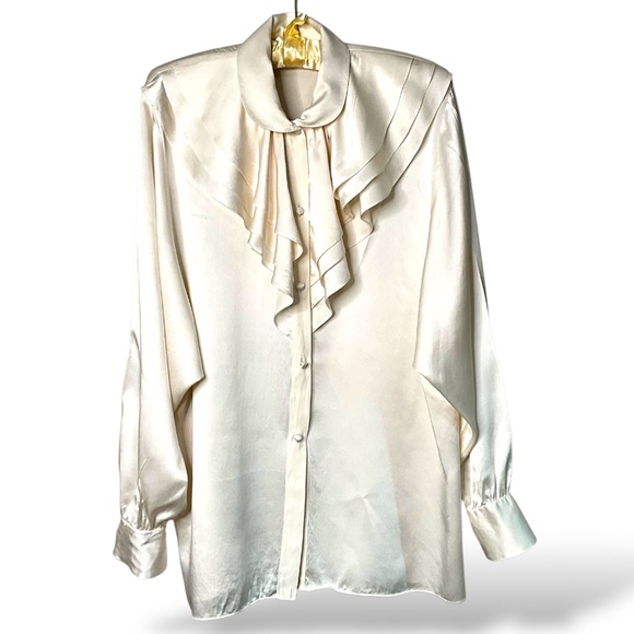 SUSIE HAYWARD Vintage 100% Silk Cream Ruffle Front  Blouse MADE IN CANADA Sz 8 - Picture 1 of 10